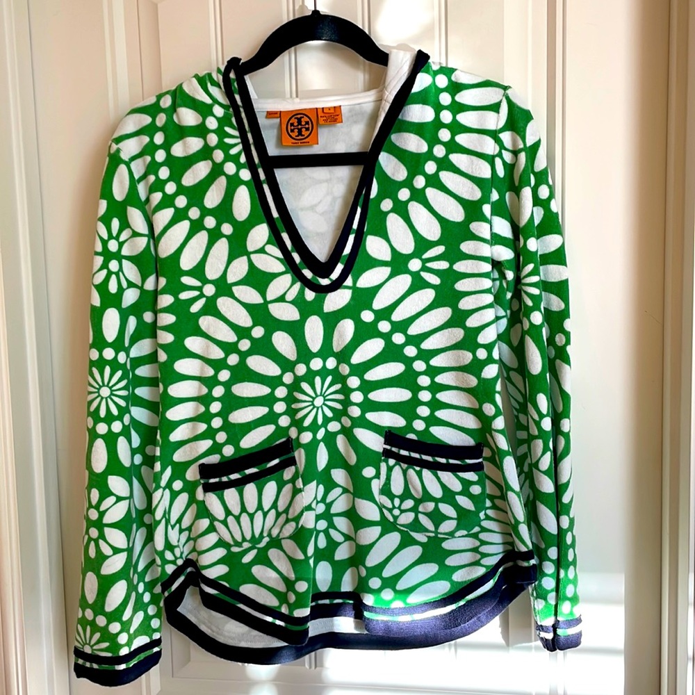 Tory Burch Terry cloth pullover with hood and front pockets S